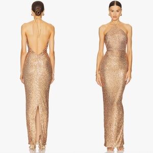 NOOKIE Treasure Gown in Camel Gold NWT Size Medium Sequin Maxi